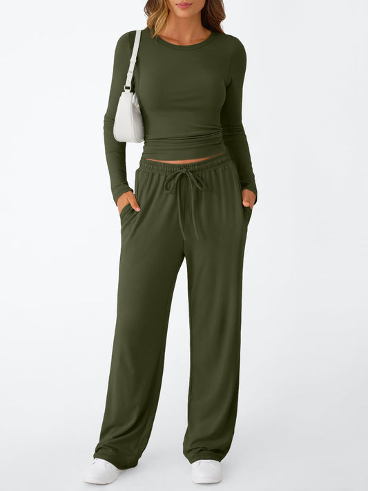 Long Sleeve Ruched Top Wide Leg Lounge Set with Pockets