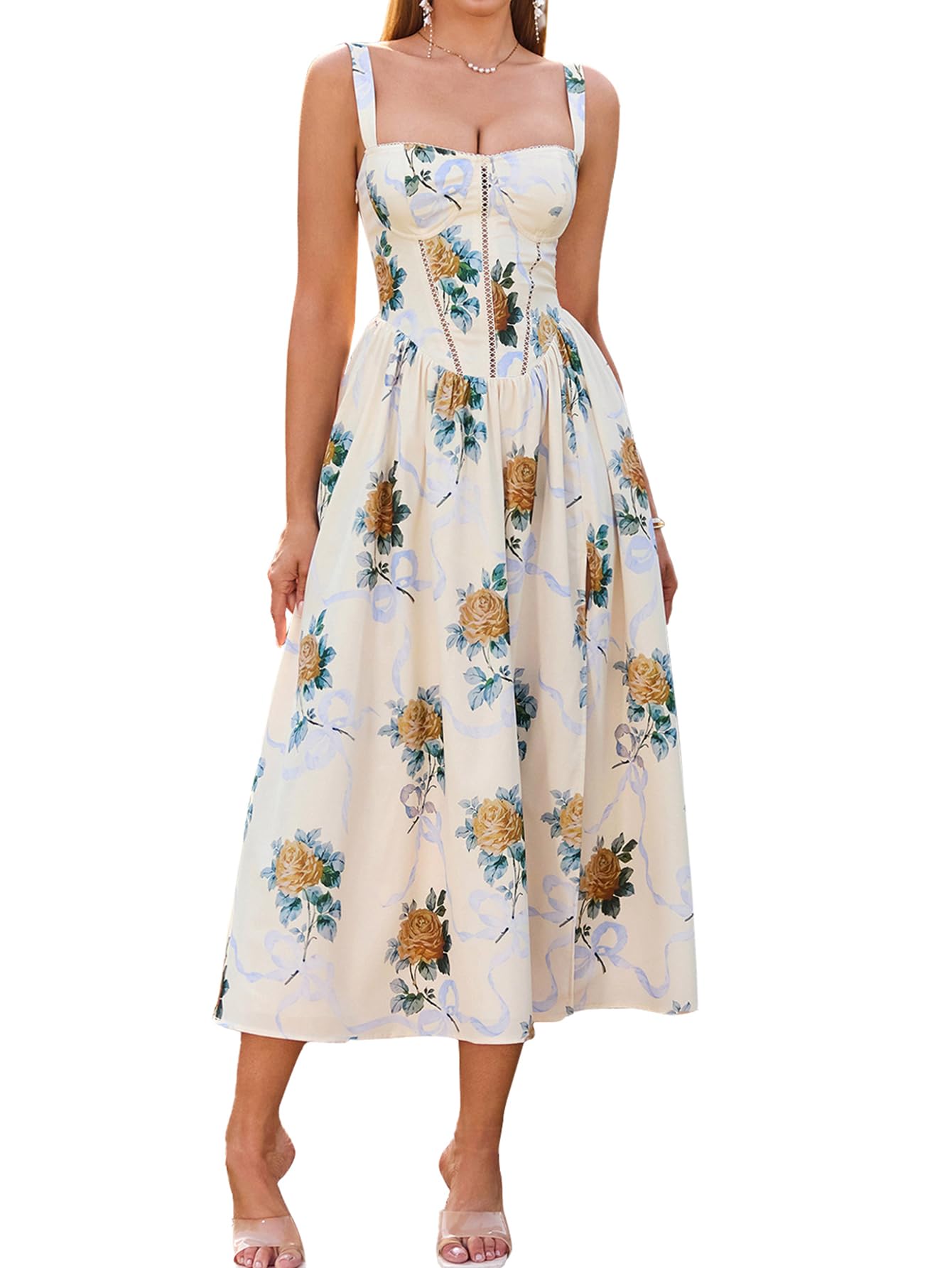 Women's Floral Corset Midi Dress with Slit and Pockets
