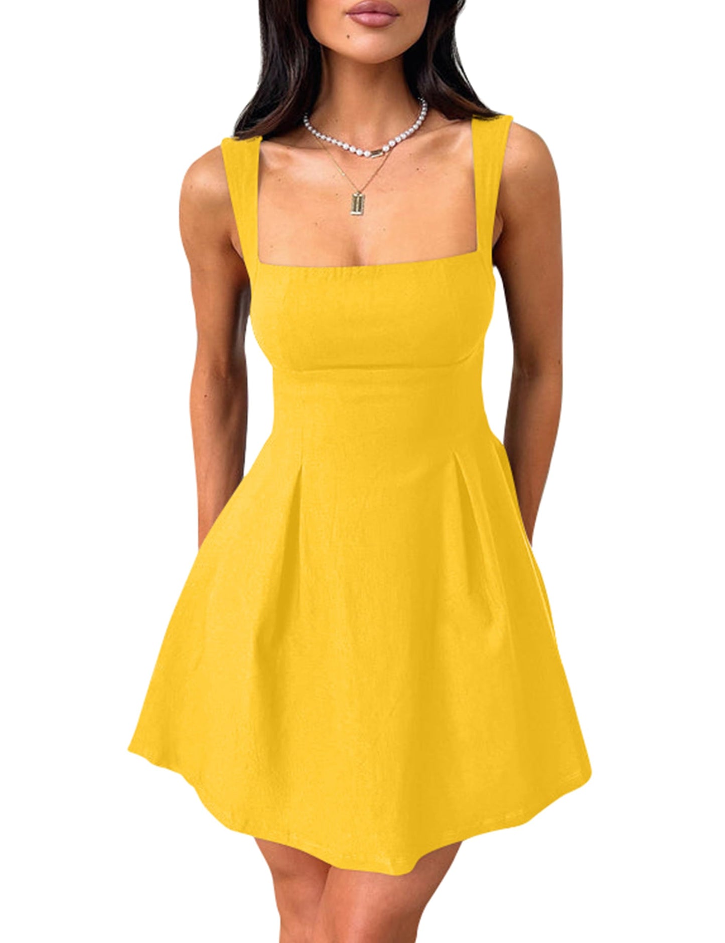 Women's Square Neck A-Line Mini Dress with Bow Tie Straps