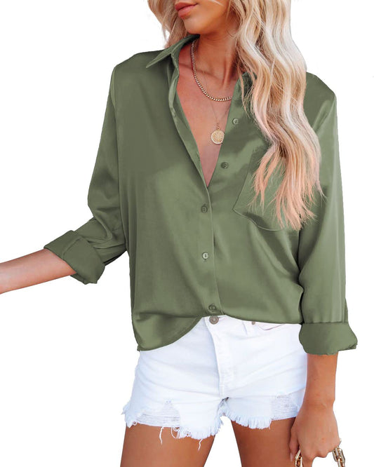 Satin V-Neck Button-Down Long Sleeve Work Blouse