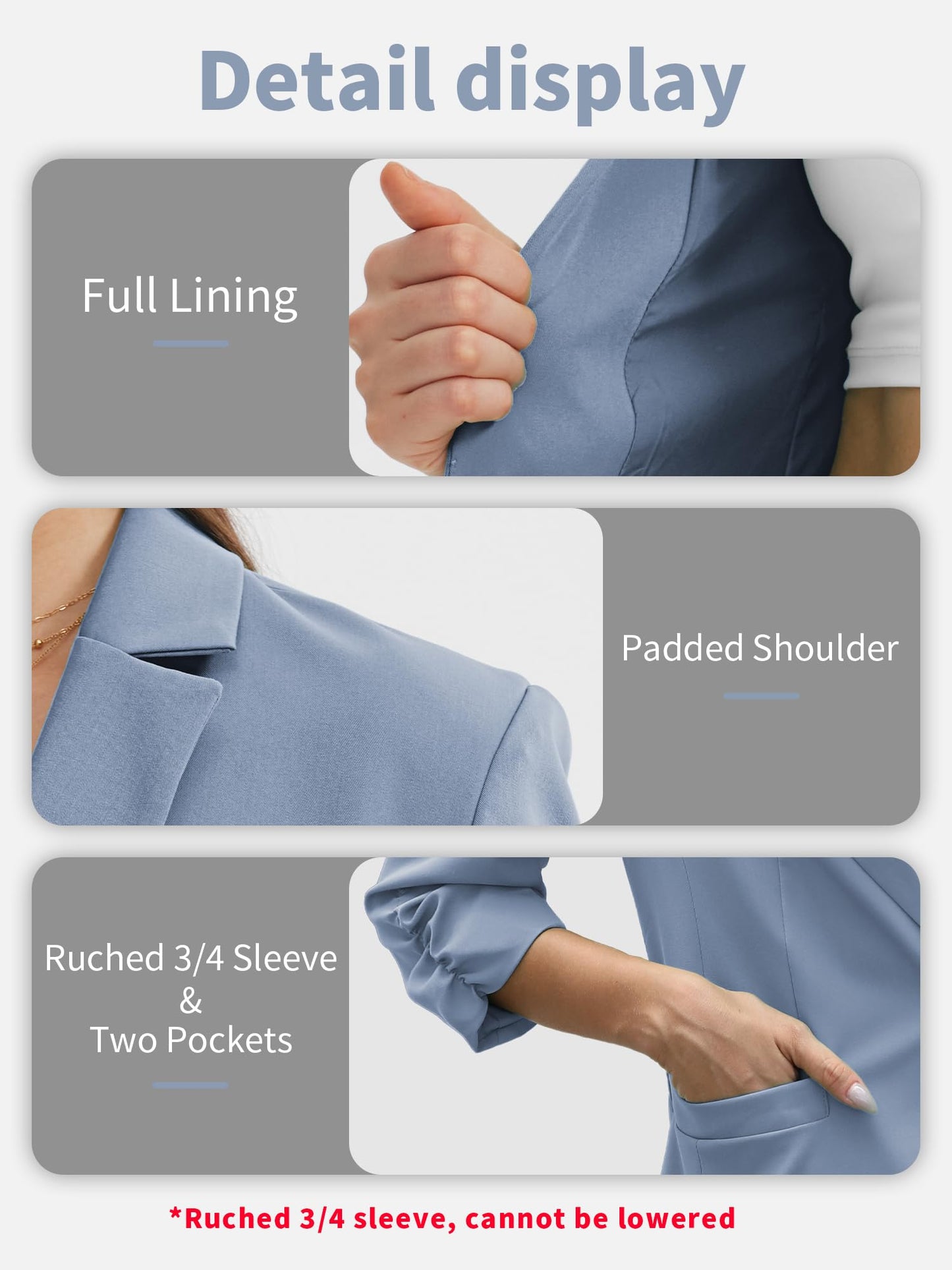 Women's Ruched 3/4 Sleeve Slim Fit Blazer Jacket