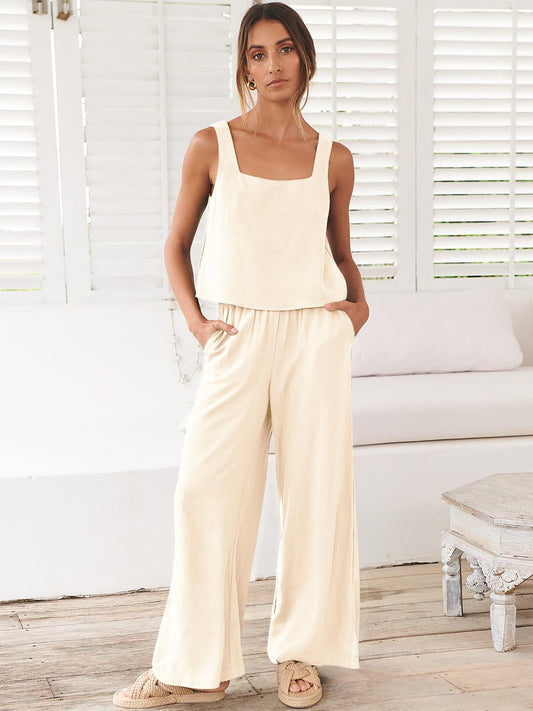 Linen Two-Piece Pants Matching Casual Lounge Set