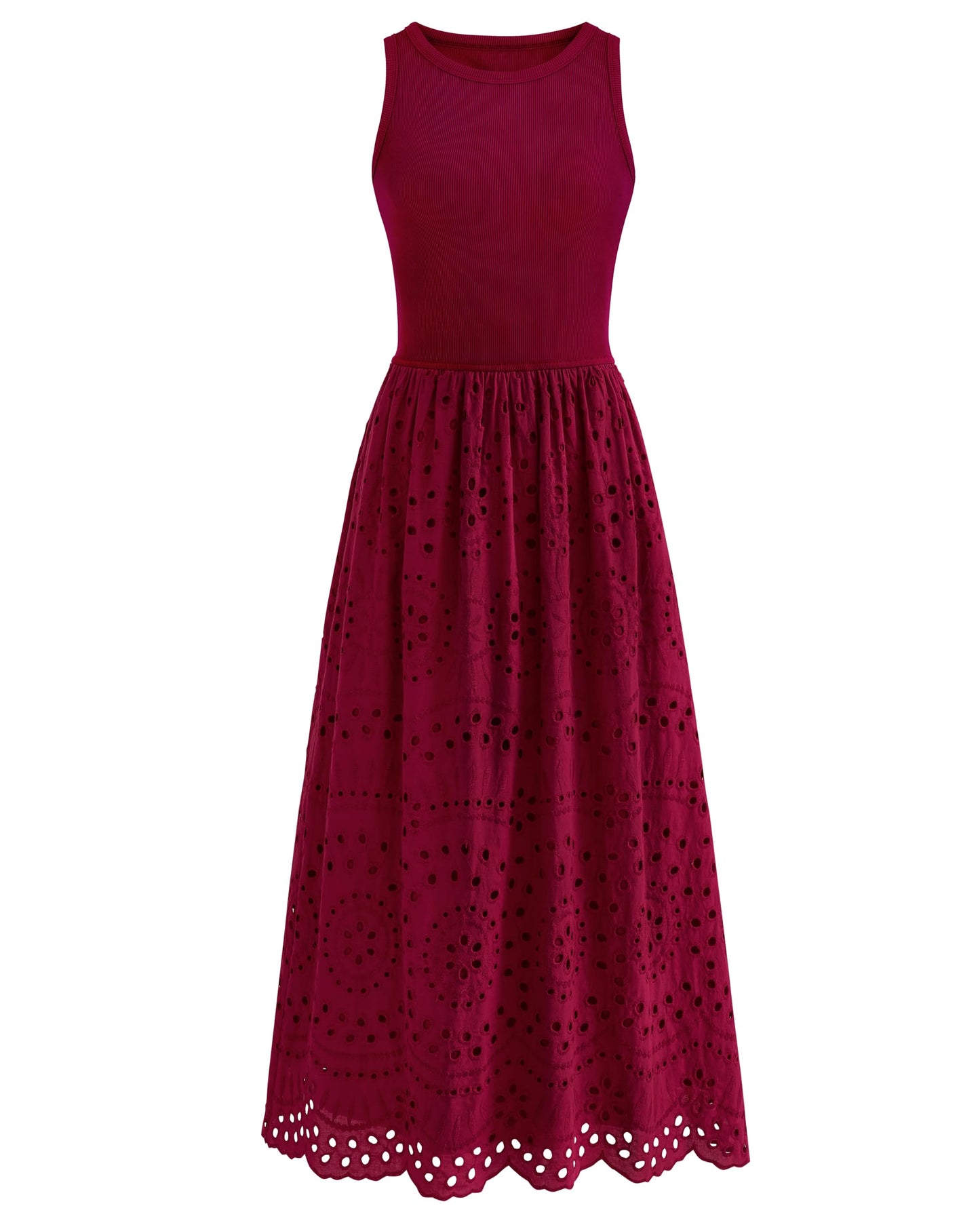 Sleeveless Crewneck Lace Eyelet Cotton Maxi Dress with Pockets