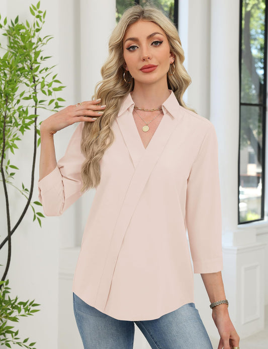 3/4 Sleeve V-Neck Collared Business Casual Blouse
