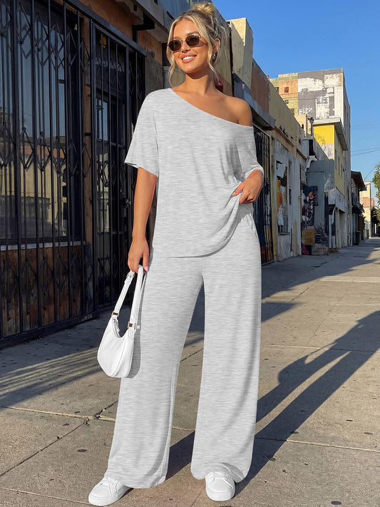Off-Shoulder Oversized Tee Wide Leg Travel Lounge Set