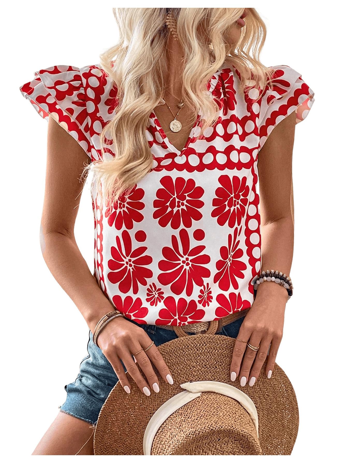 Striped Ruffle Cap Sleeve V-Neck Casual Work Blouse