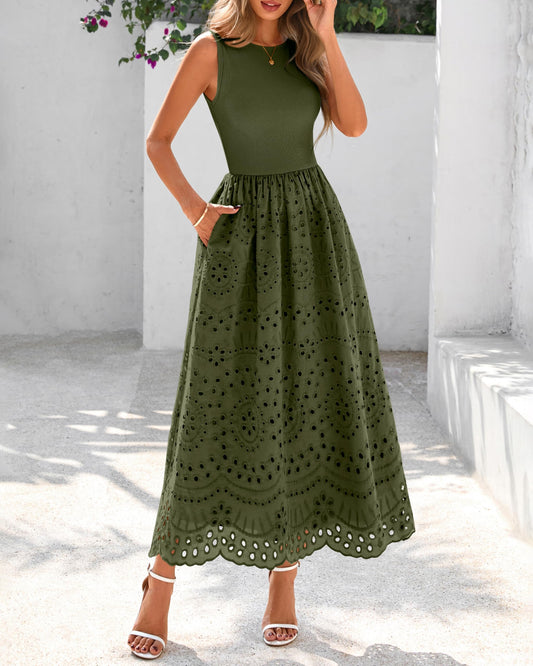 Sleeveless Crewneck Lace Eyelet Cotton Maxi Dress with Pockets