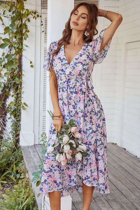 Women's Floral Wrap V-Neck Ruffle Boho Maxi Dress