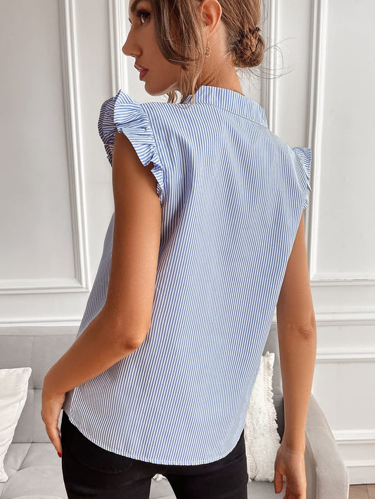 Striped Ruffle Cap Sleeve V-Neck Casual Work Blouse