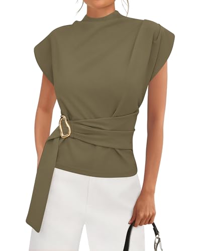 Cap Sleeve Mock Neck Buckle Business Casual Blouse