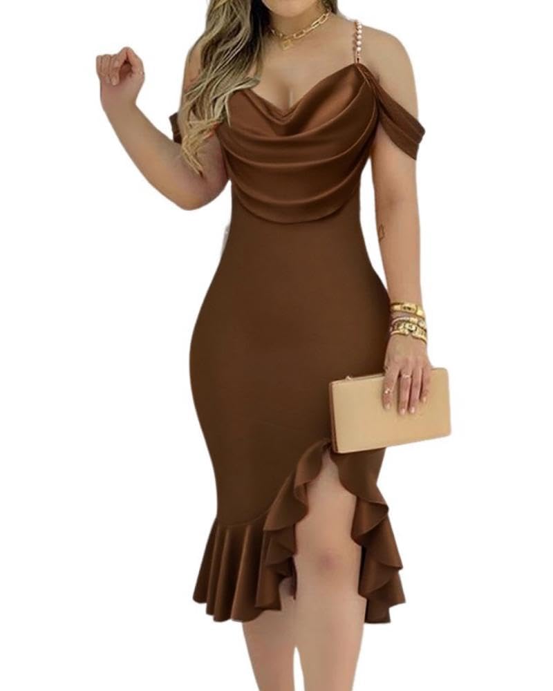 Women's Off-Shoulder Pearl Strap Bodycon Midi Dress
