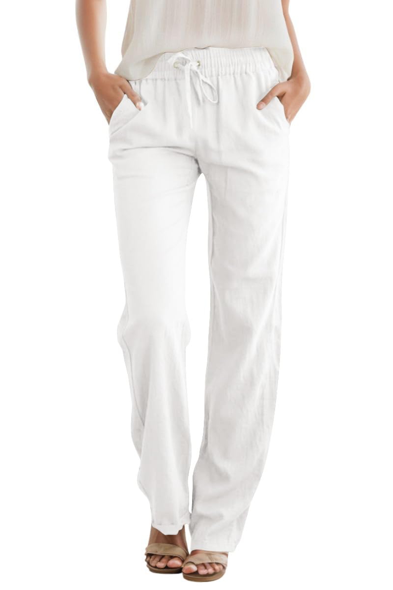 High Waist Drawstring Straight Leg Linen Lounge Pants