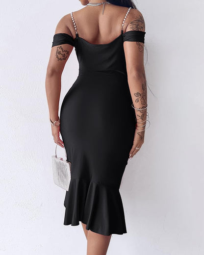 Women's Off-Shoulder Pearl Strap Bodycon Midi Dress