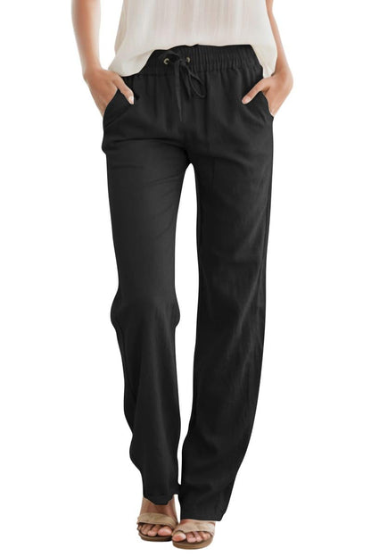 High Waist Drawstring Straight Leg Linen Lounge Pants