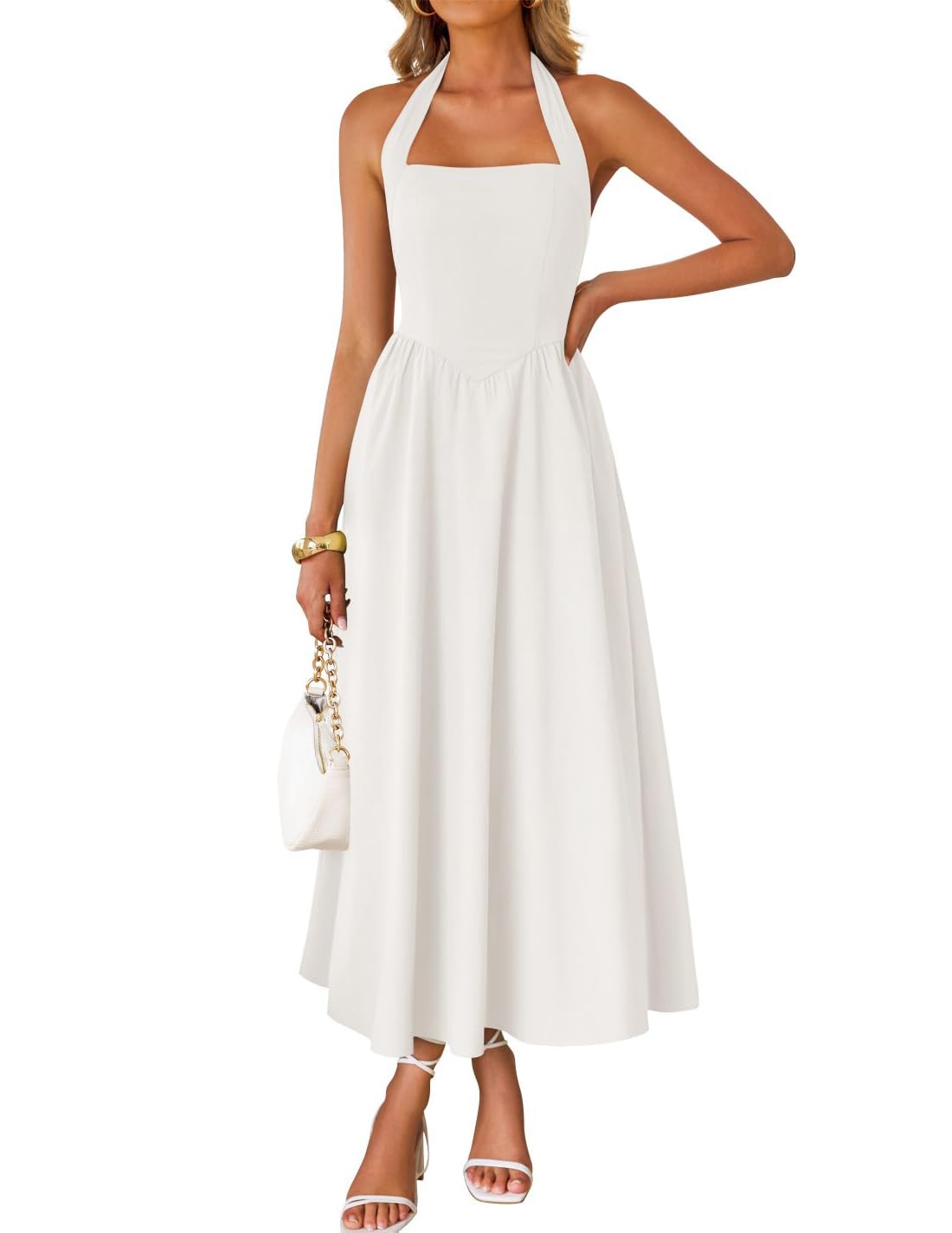 Women's Sleeveless Halter High Waist Flowy Midi Dress
