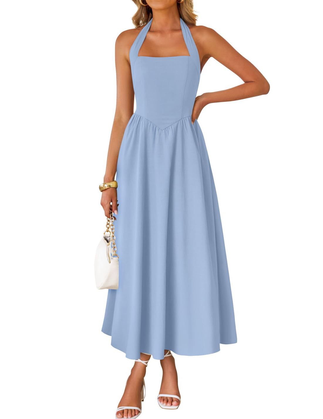 Women's Sleeveless Halter High Waist Flowy Midi Dress