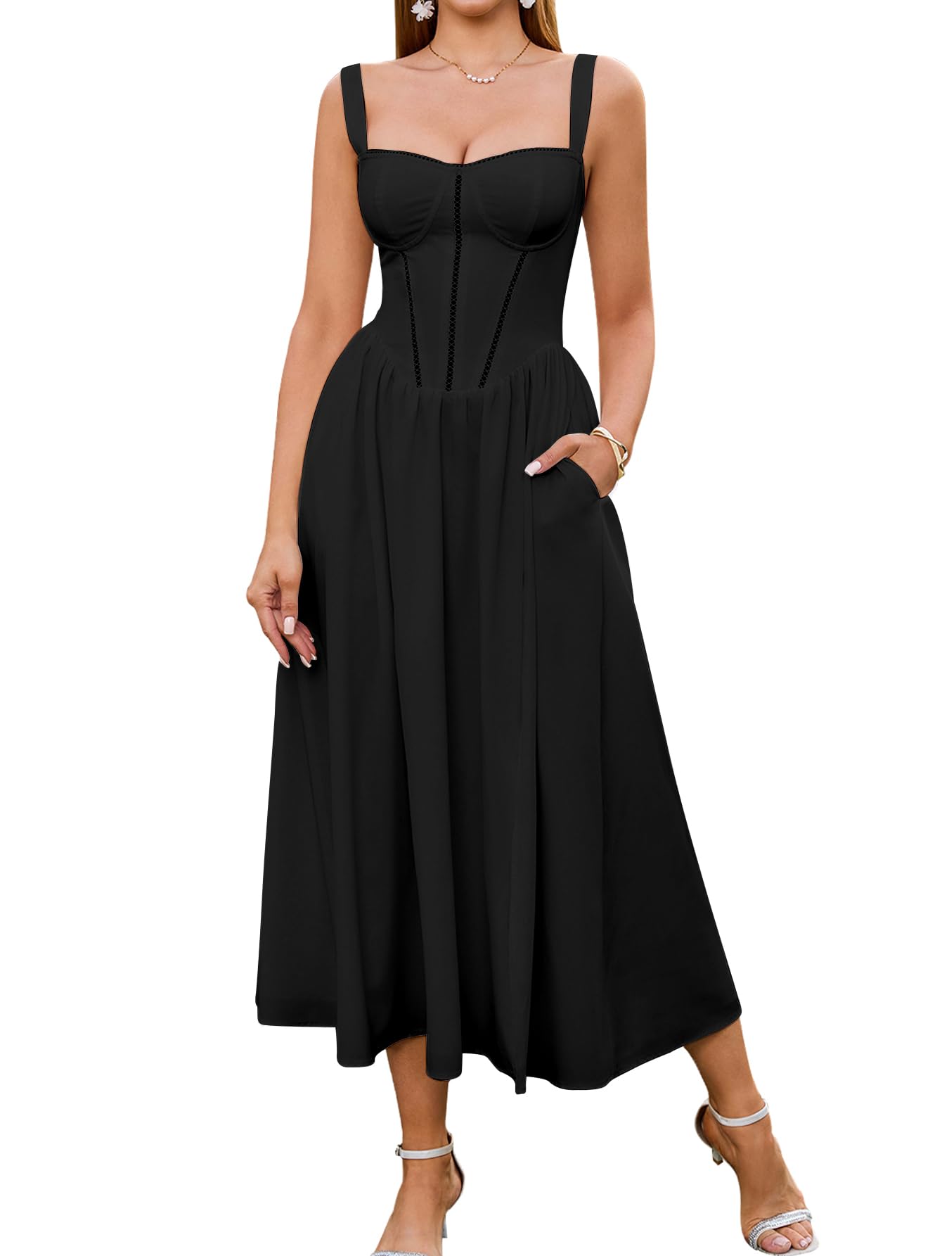 Women's Floral Corset Midi Dress with Slit and Pockets