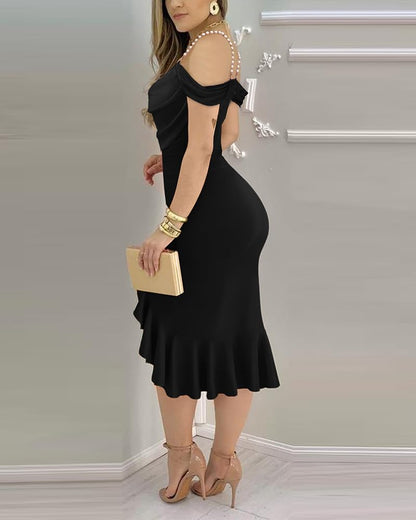 Women's Off-Shoulder Pearl Strap Bodycon Midi Dress