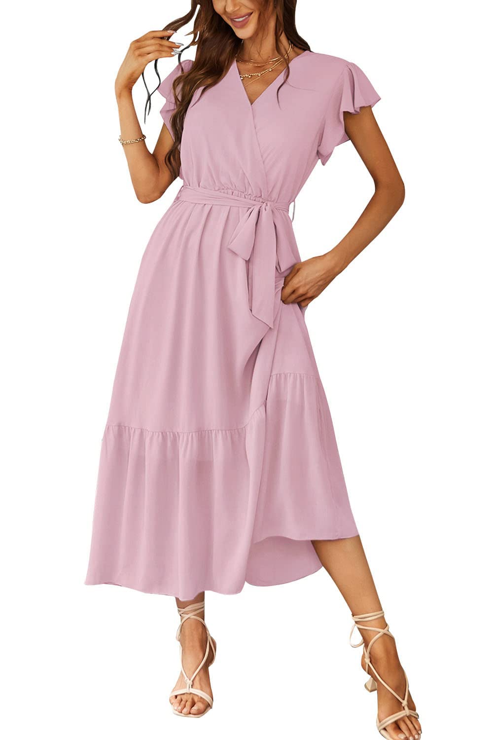 Women's Floral Wrap V-Neck Ruffle Boho Maxi Dress