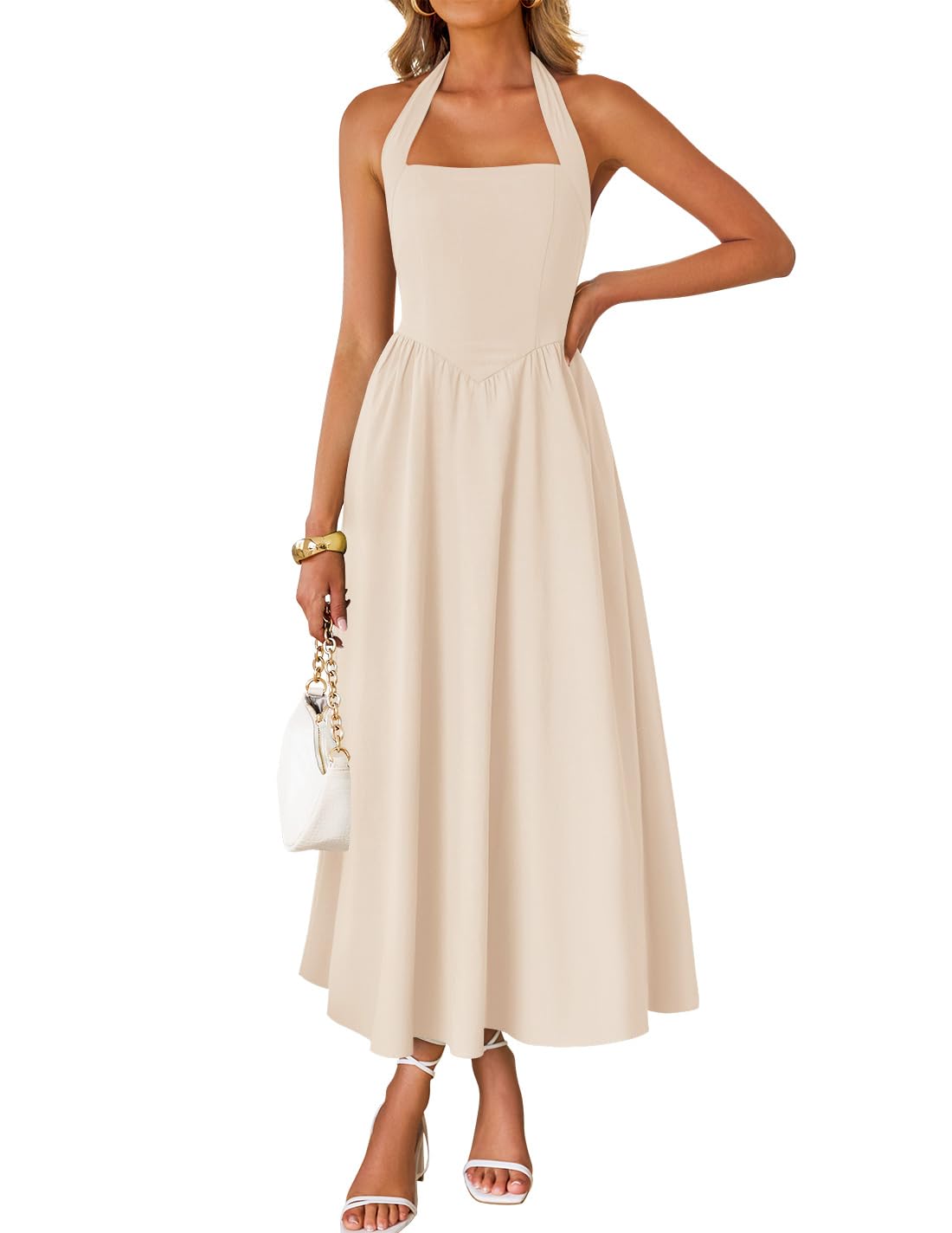 Women's Sleeveless Halter High Waist Flowy Midi Dress