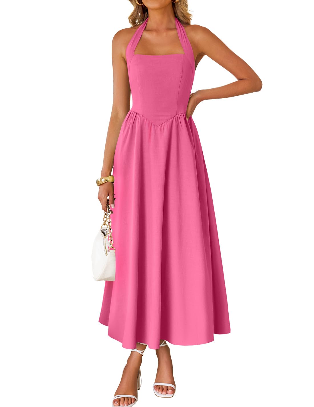 Women's Sleeveless Halter High Waist Flowy Midi Dress