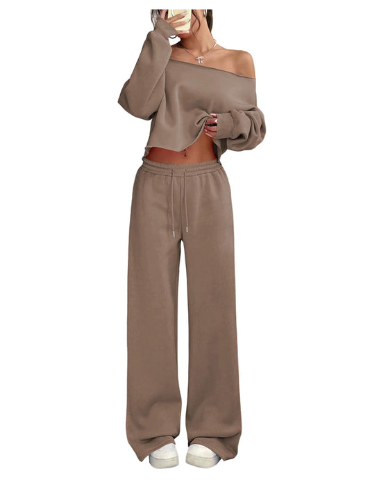 Off-Shoulder Crop Top Wide Leg Sweatpants Lounge Set