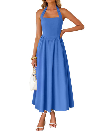 Women's Sleeveless Halter High Waist Flowy Midi Dress