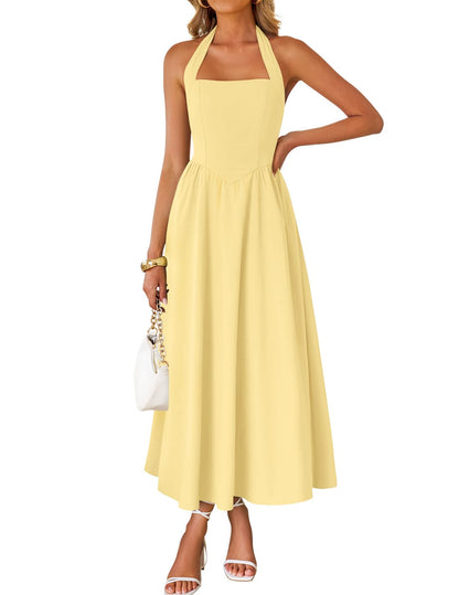 Women's Sleeveless Halter High Waist Flowy Midi Dress