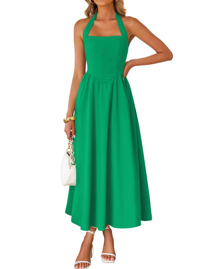 Women's Sleeveless Halter High Waist Flowy Midi Dress