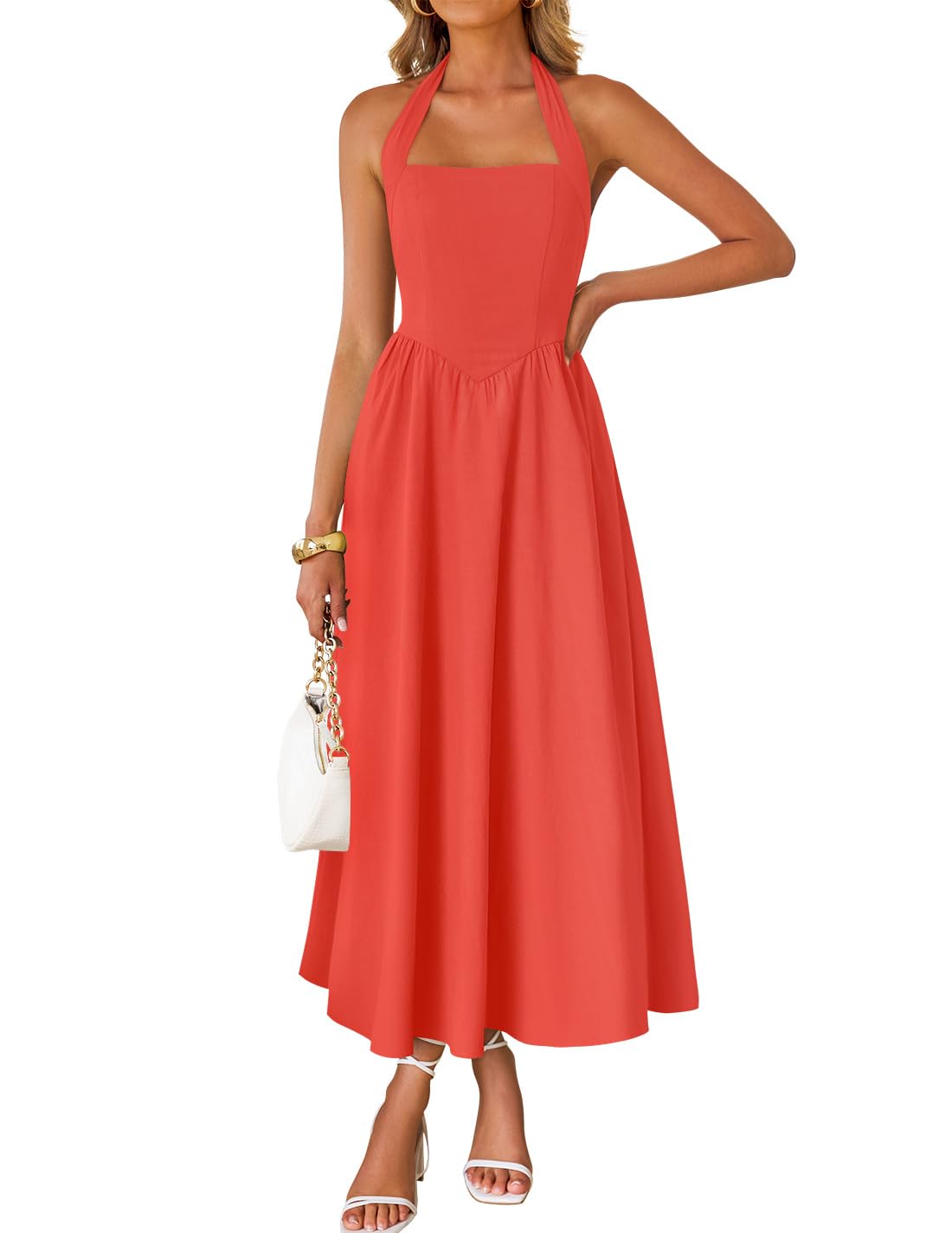 Women's Sleeveless Halter High Waist Flowy Midi Dress