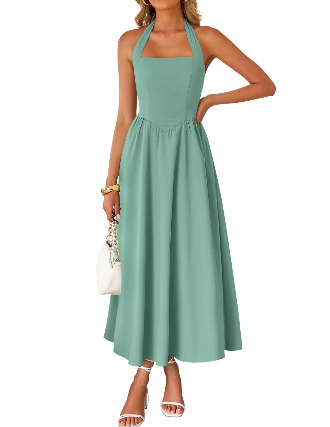 Women's Sleeveless Halter High Waist Flowy Midi Dress