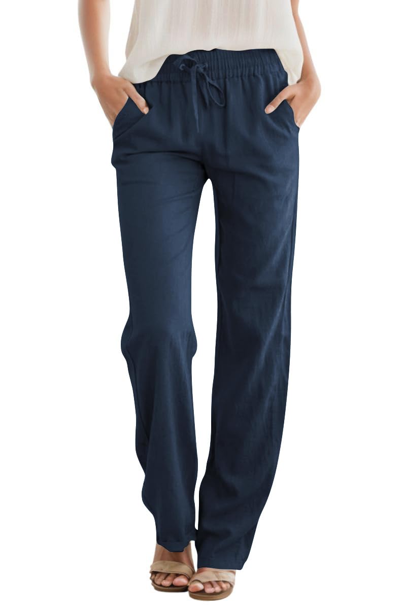 High Waist Drawstring Straight Leg Linen Lounge Pants