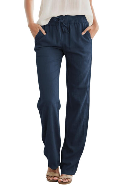 High Waist Drawstring Straight Leg Linen Lounge Pants
