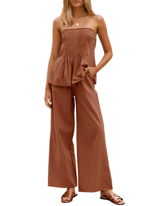 Strapless Tube Top Wide Leg Pants Matching Lounge Set