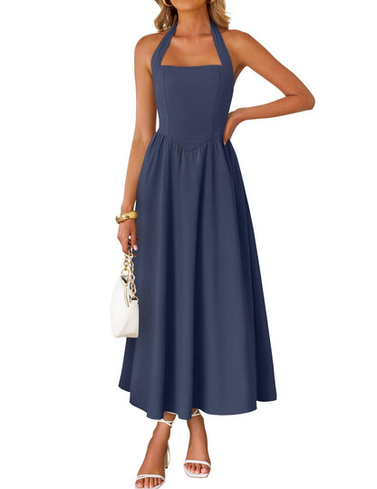 Women's Sleeveless Halter High Waist Flowy Midi Dress