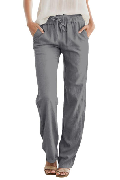 High Waist Drawstring Straight Leg Linen Lounge Pants