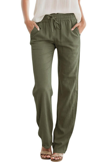 High Waist Drawstring Straight Leg Linen Lounge Pants