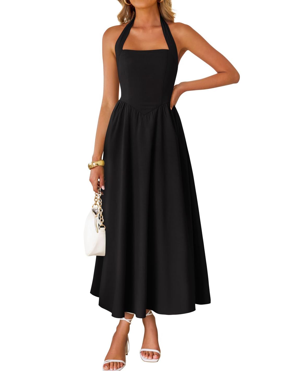 Women's Sleeveless Halter High Waist Flowy Midi Dress