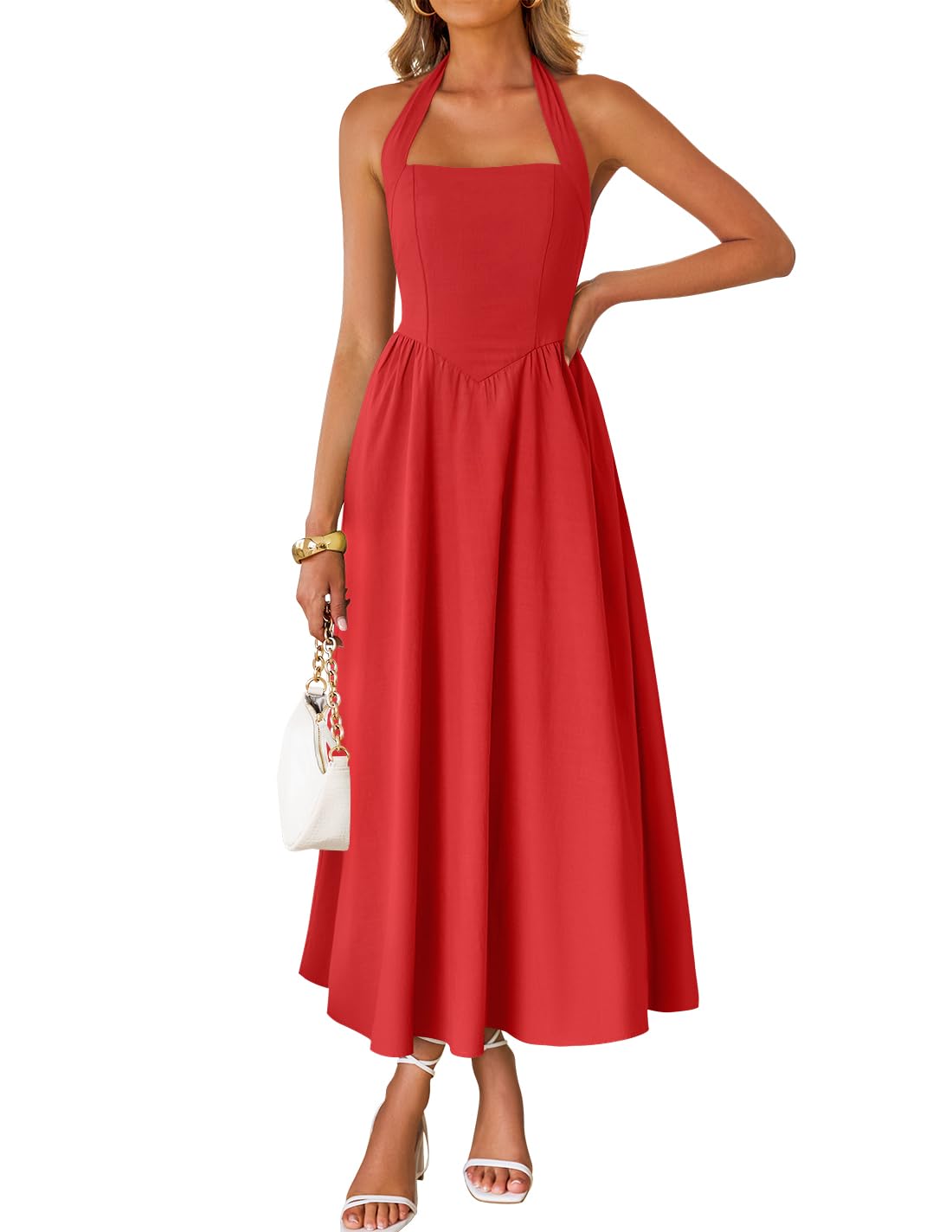 Women's Sleeveless Halter High Waist Flowy Midi Dress