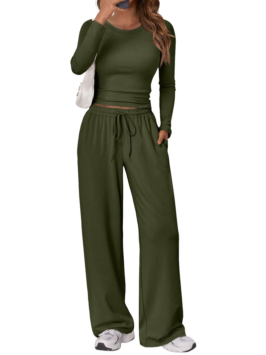 Long Sleeve Ruched Top Wide Leg Lounge Set with Pockets