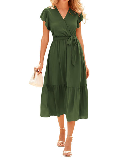 Women's Bohemian Floral Wrap V-Neck A-Line Midi Dress