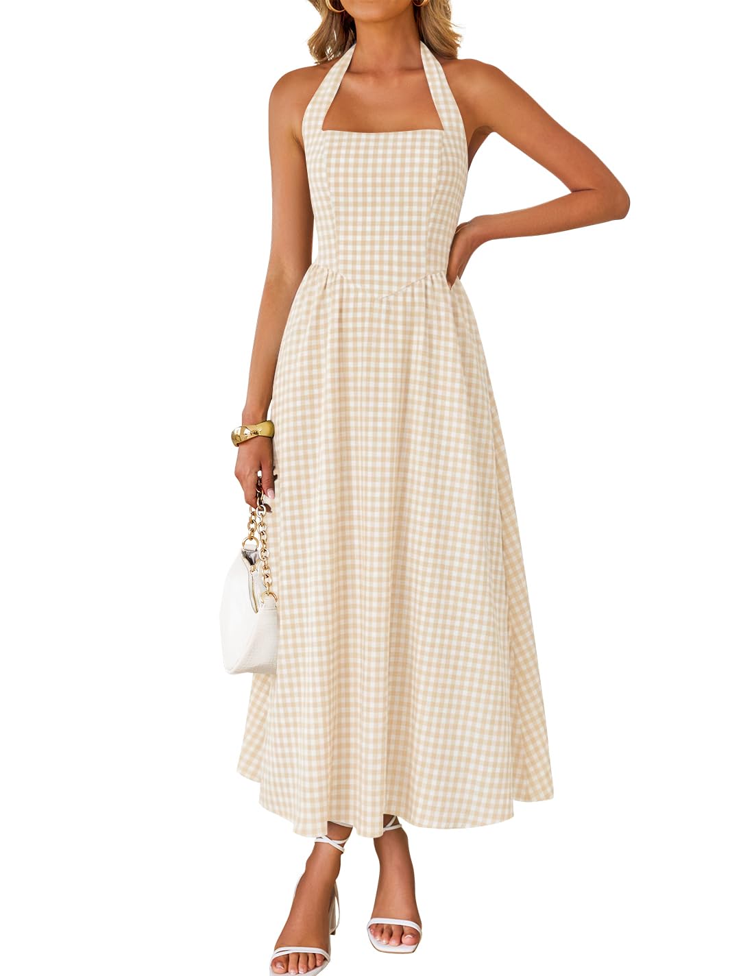 Women's Sleeveless Halter High Waist Flowy Midi Dress