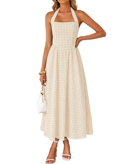 Women's Sleeveless Halter High Waist Flowy Midi Dress