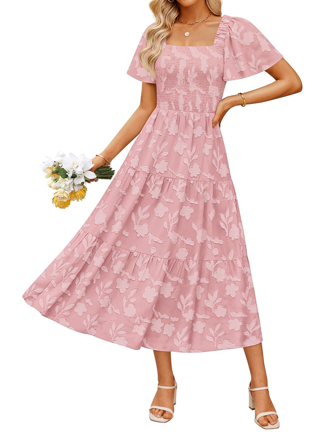 Women's Boho Floral Square Neck Midi Dress