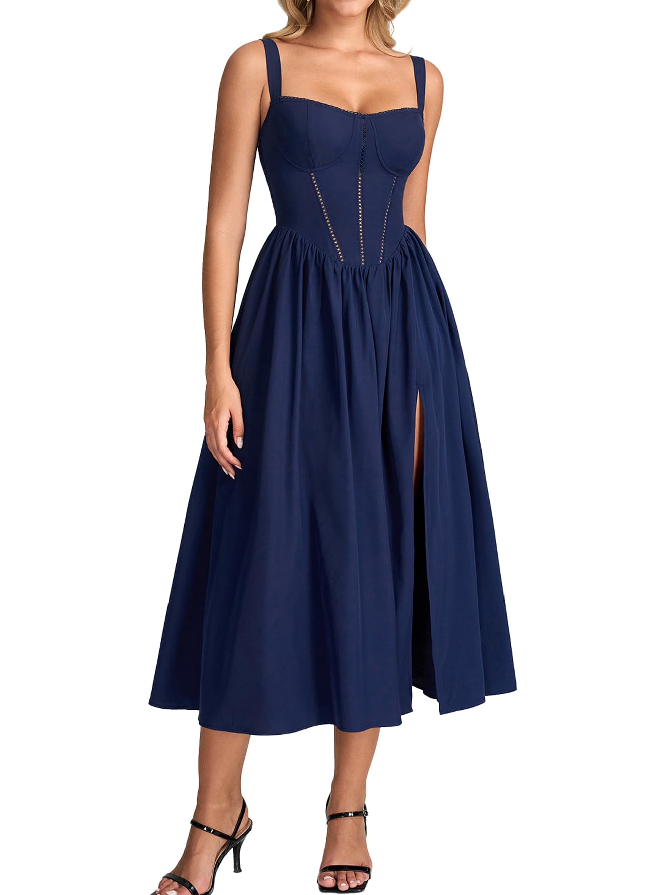 Women's Floral Corset Midi Dress with Slit and Pockets