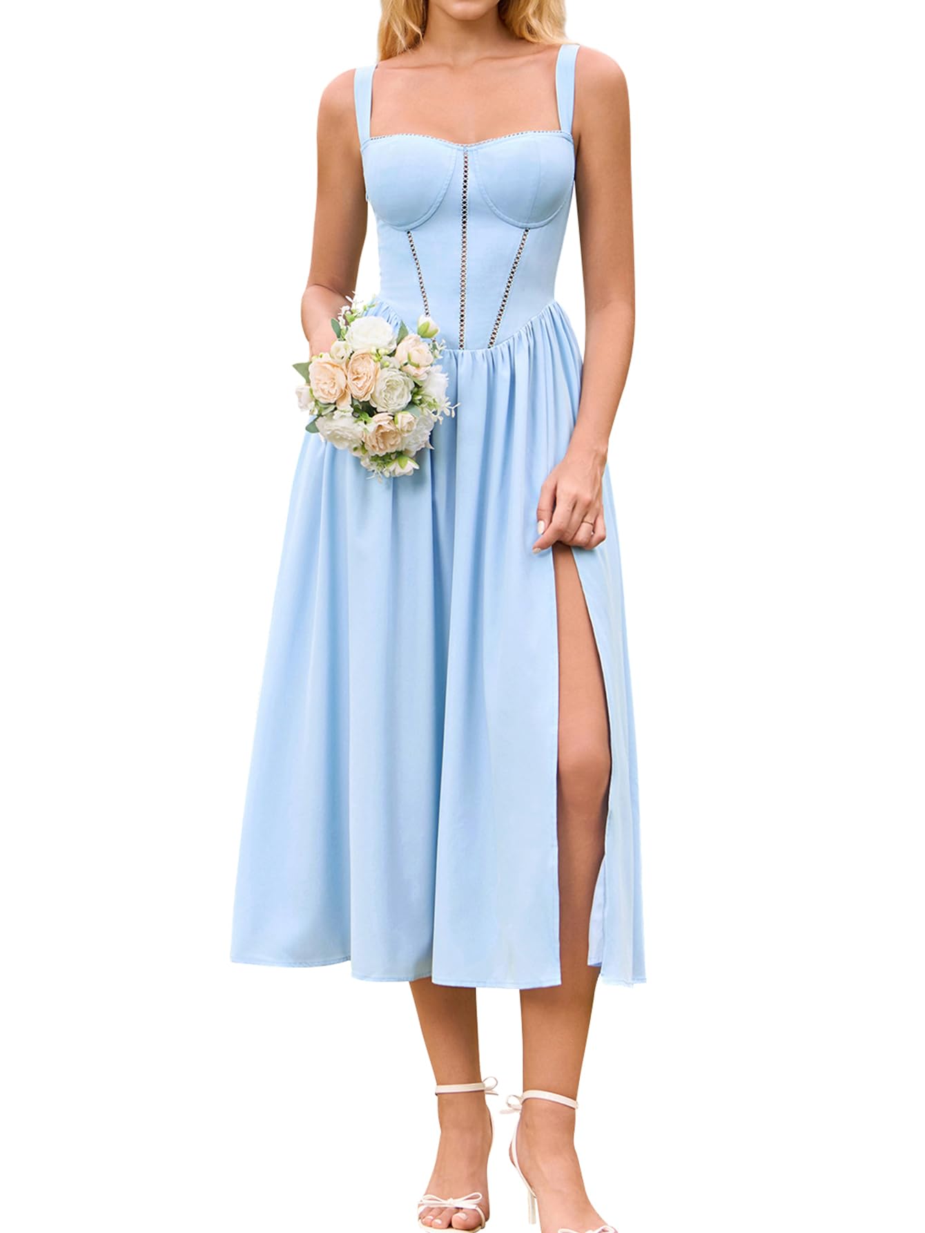 Women's Floral Corset Midi Dress with Slit and Pockets