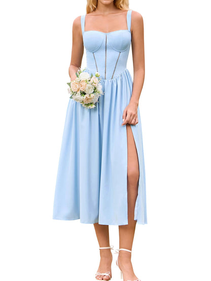 Women's Floral Corset Midi Dress with Slit and Pockets