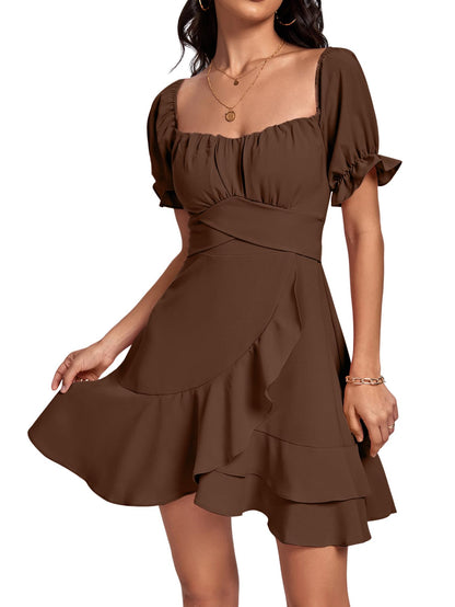 Square Neck Off-Shoulder Ruffle A-Line Mini Dress
