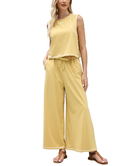 Tank Top Wide Leg Pants Contrast Stitch Lounge Set