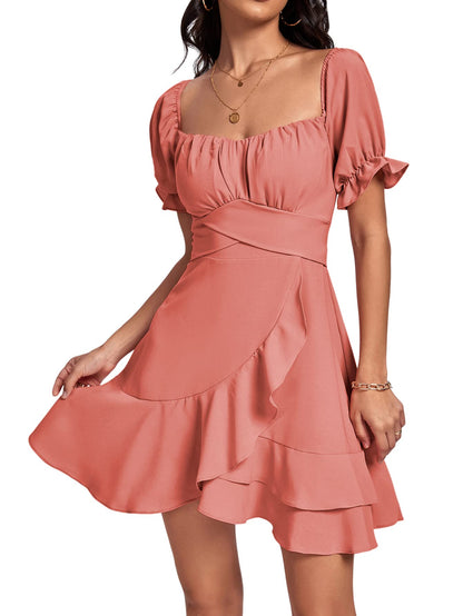 Square Neck Off-Shoulder Ruffle A-Line Mini Dress